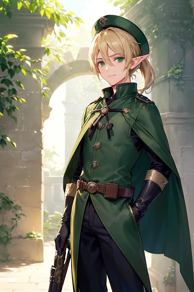 (((masterpiece; best quality: 1.2))), (finely detailed eyes: 1.3), (25 year old elf man), (solo), (green eyes: 1.4), (body; toned, fit, masculine: 1.3), (silky blonde hair in low ponytail: 1.3), (beautiful and clear background: 1.2), ((depth of field)), (equipment: adventurer garb + modest + elegant wide-brimmed hunter hat + dark overcoat + dark long cape + black pants + gloves + belt + pouches: 1.3), (anime illustration: 1.2), (background composition; royal garden: 1.1), (extremely fine and handsome: 1.1), (shot composition; standing + centered on torso + close-up: 1.5), (expression; calm, smile: 1.2)