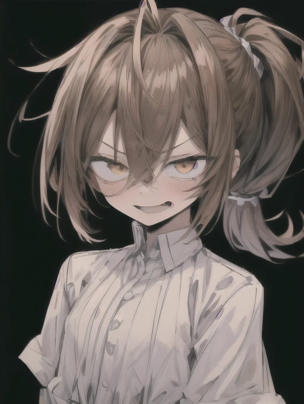 Glaring and laughing！(masterpiece, high quality:1.4), break,
One girl, , alone,(Medium Hair:1.2), (Low Ponytail:1.25), Brown Hair, Hair between the eyes, Tight waist, Brown eyes, break,
White shirt