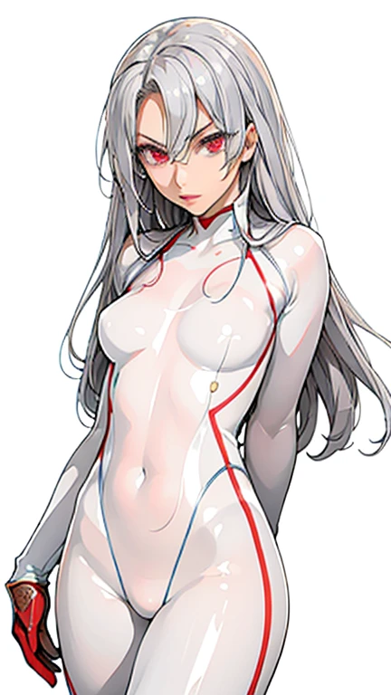 (masterpiece, highest quality, super detailed, High resolution, figure:0.8), highly detailed wallpaper, official art, wonderful, high detail, super detailed, Highly detailed 8K wallpaper,closed upper body, bright silver hair, Red eyes with long slit pupils, (white background: 1.3), (1 girl, alone),(transparent bodysuit),sexy,perfect anatomy,beautiful face,small breasts, bright,