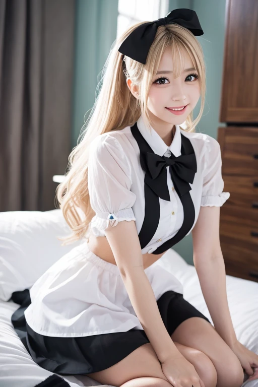 work, best quality, girl, long hair alternative, absurdly long hair, blonde hair, bow hair, Aqua eyes, Charming smile, Tongue, black eyes, long eyelashes, Large Breasts, Mole on chest, White shirt, Black skirt, shoe, period, hair ribbon, flower ribbon, hair_ribbon, hair_ribbon, hair_flower