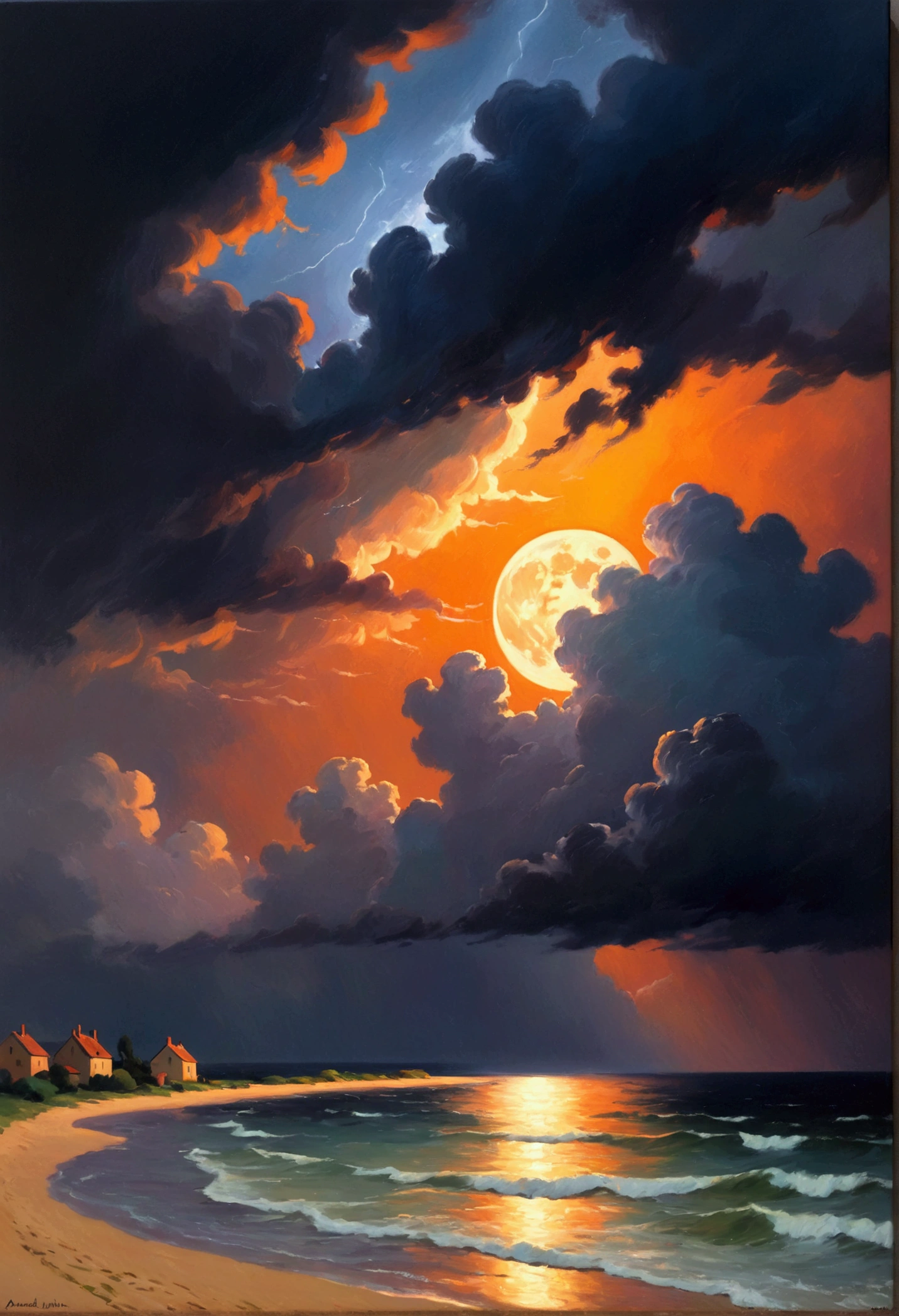Impressionist Realism, Full moon on a stormy night, Orange light, Severe thunderstorm, The image has a confusing effect, The juxtaposition of its essence and the tranquility one feels when viewing it, A fierce storm left a peaceful heart, Make the audience think how good it is, masterpiece, 8K, Artworks by Armand Guillaumin