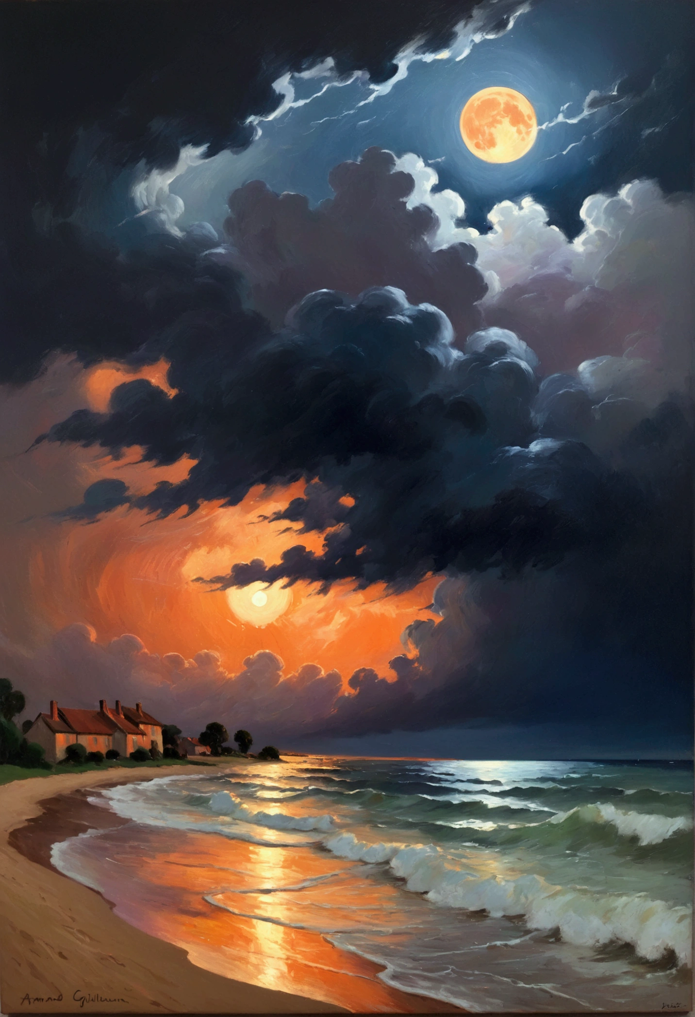 Impressionist Realism, Full moon on a stormy night, Orange light, Severe thunderstorm, The image has a confusing effect, The juxtaposition of its essence and the tranquility one feels when viewing it, A fierce storm left a peaceful heart, Make the audience think how good it is, masterpiece, 8K, Artworks by Armand Guillaumin