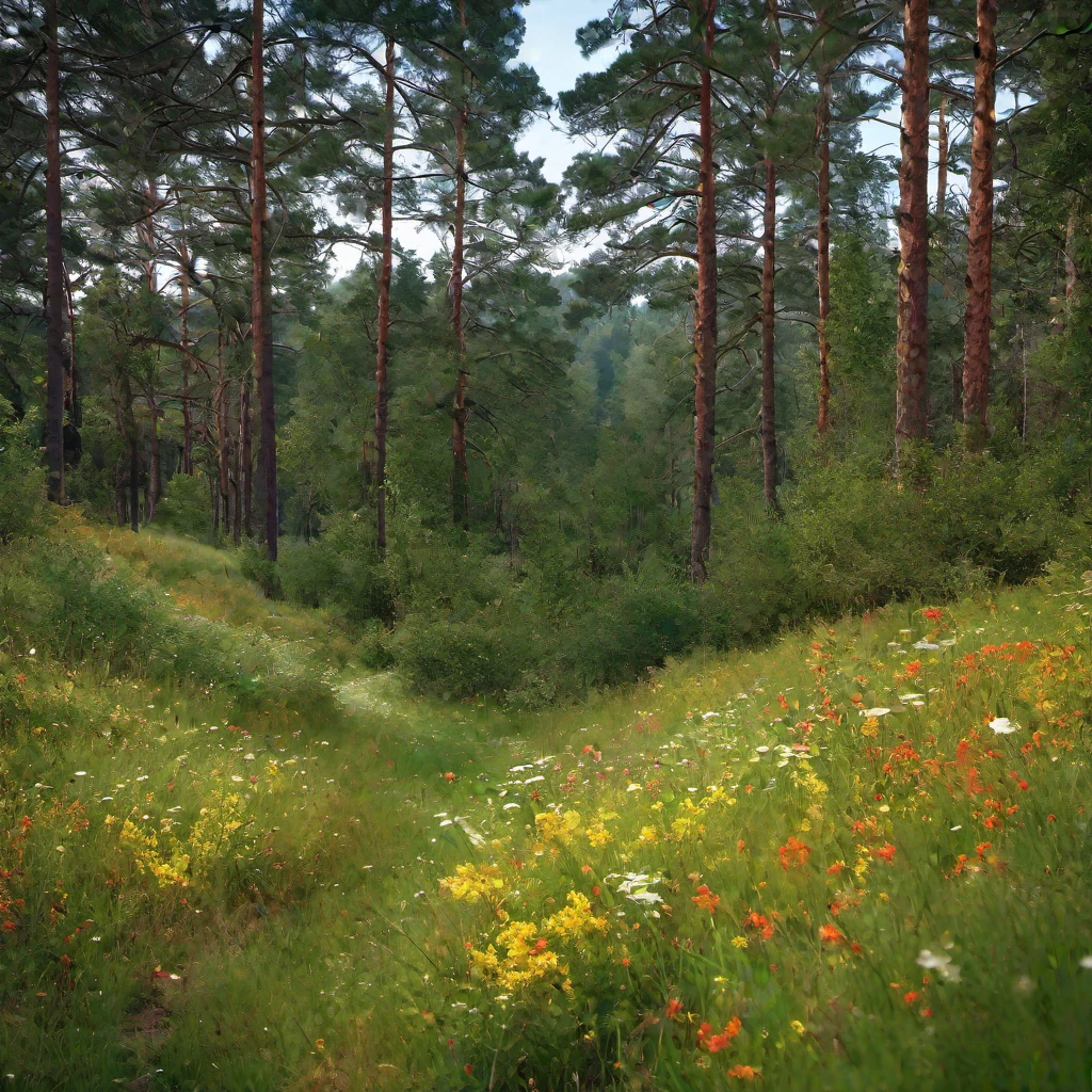 (masterpiece, best quality:1.2), Forest field with pine trees and flowers