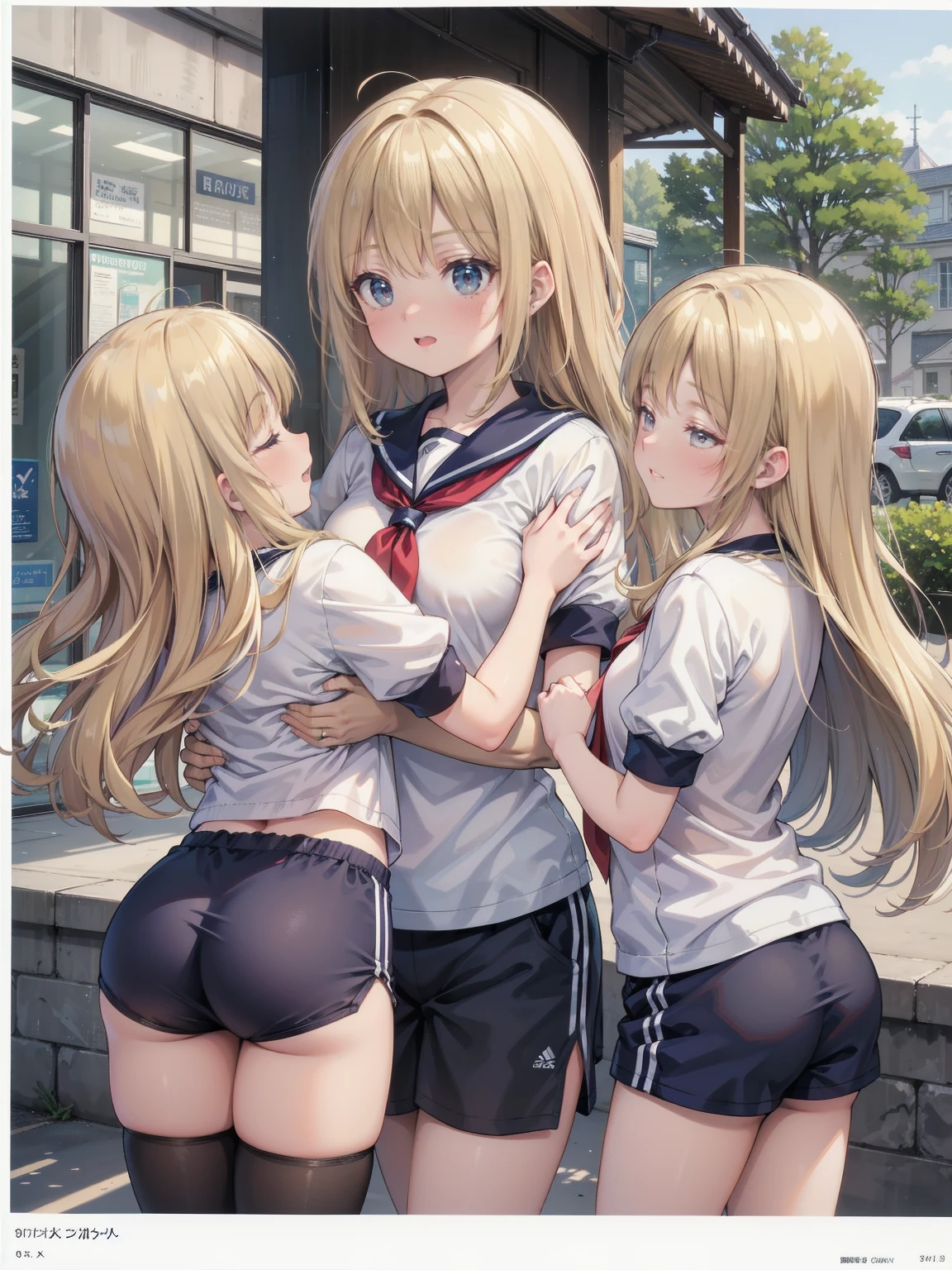 masturbation, nsfw, 2girls, ((li:1.5)), ba.2, (white sailor uniform over a white school swimsuit), sitting on the pool side, forehead and blunt bangs, glossy blonde hair and black hair, long hair and short hair, double bun, blue eyes and black eyes, beautiful detailed eyes, ahoge, ((blush:1.6)), clear sky, windy, from below, open mouth, wavy mouth, ((ass focus:1.2)), wet:1.5, ((pussy juice stain:0.5)), looking back, from behind