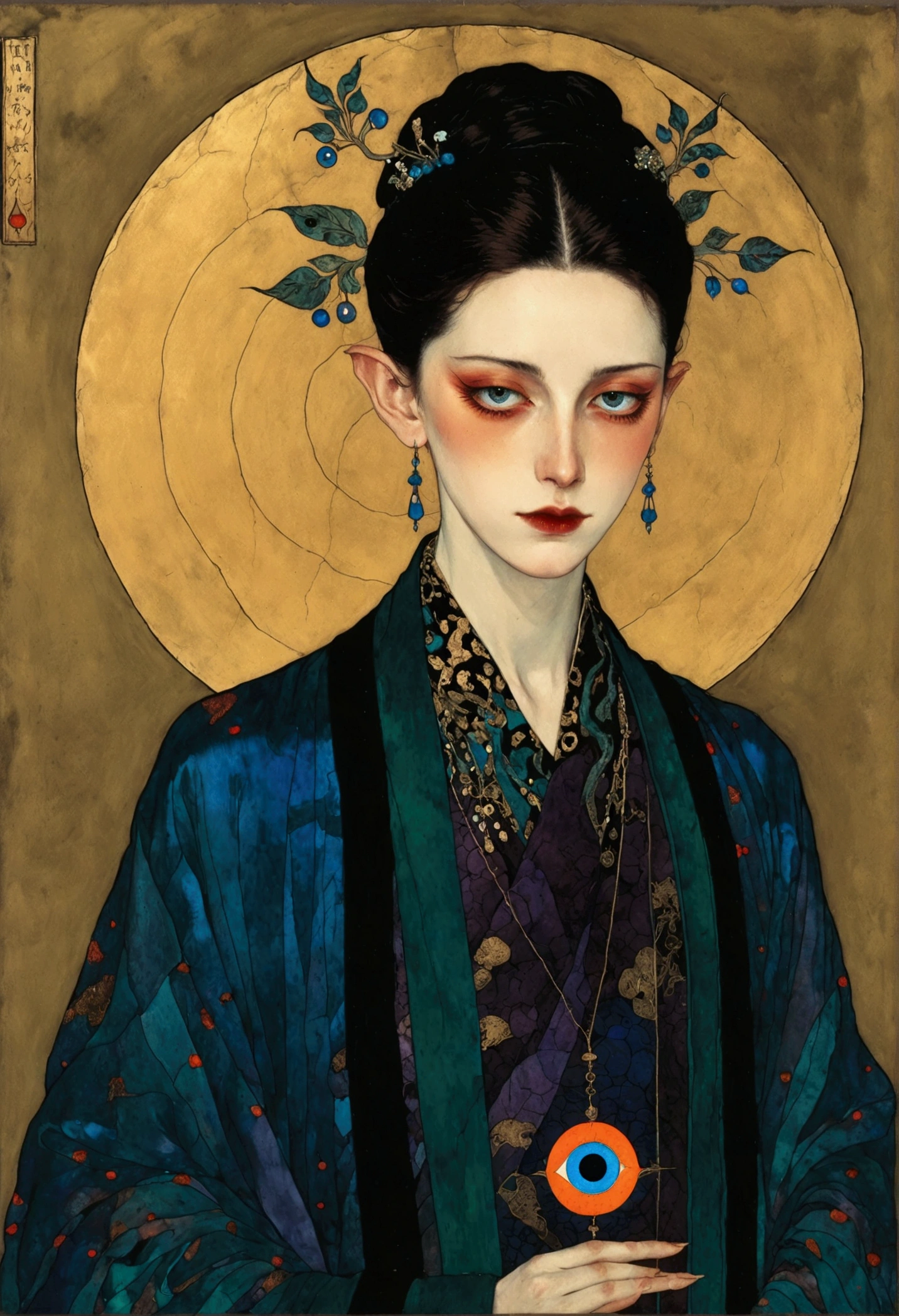 The art of math,Digital Illustration,Drawing,Decorative paintings,Watercolor,(((Harry Clark (Harry Clarke) style,圣地亚哥·卡鲁索style))),Simple,clean,Fine painting style,(((The third eye on the forehead。short hair,Pointed ears,robe))),Wide Angle,Black and blue,Solid color background,Human anatomy is correct
