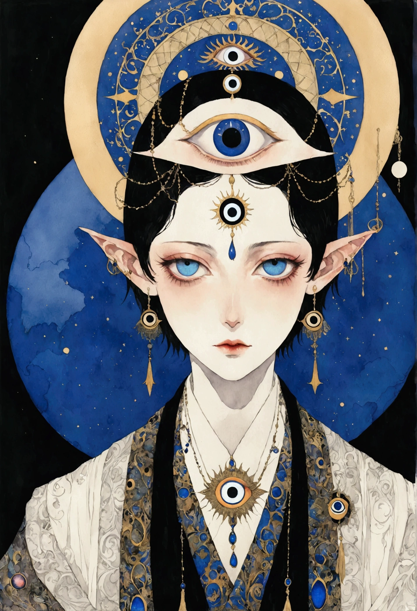 The art of math，Digital Illustration，Drawing，Decorative paintings，Watercolor，(((Harry Clark (Harry Clarke) style,圣地亚哥·卡鲁索style)))，Simple，clean，Fine painting style，(((The third eye on the forehead。short hair，Pointed ears，robe)))，Wide Angle，Black and blue，Solid color background，Human anatomy is correct