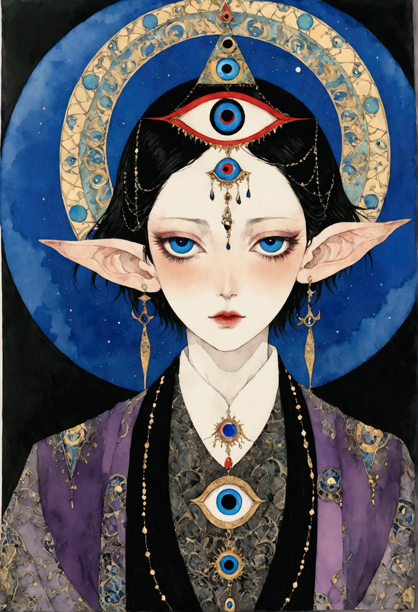 The art of math,Digital Illustration,Drawing,Decorative paintings,Watercolor,(((Harry Clark (Harry Clarke) style,圣地亚哥·卡鲁索style))),Simple,clean,Fine painting style,(((The third eye on the forehead。short hair,Pointed ears,robe))),Wide Angle,Black and blue,Solid color background,Human anatomy is correct