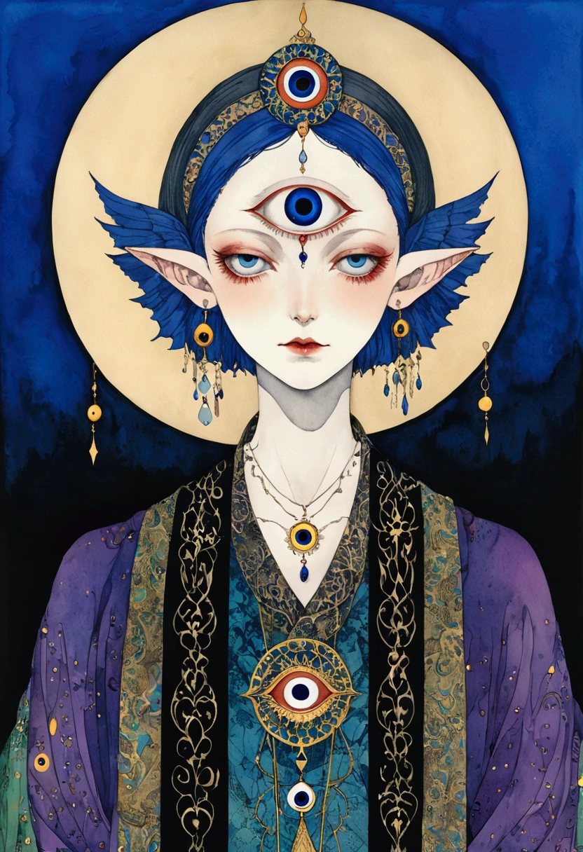 The art of math，Digital Illustration，Drawing，Decorative paintings，Watercolor，(((Harry Clark (Harry Clarke) style,圣地亚哥·卡鲁索style)))，Simple，clean，Fine painting style，(((The third eye on the forehead。short hair，Pointed ears，robe)))，Wide Angle，Black and blue，Solid color background，Human anatomy is correct