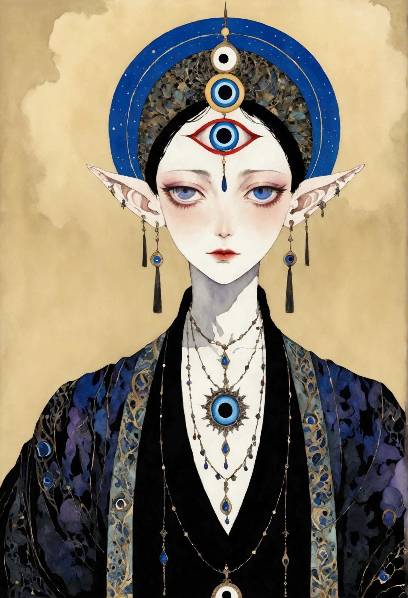 The art of math,Digital Illustration,Drawing,Decorative paintings,Watercolor,(((Harry Clark (Harry Clarke) style,圣地亚哥·卡鲁索style))),Simple,clean,Fine painting style,(((The third eye on the forehead。short hair,Pointed ears,robe))),Wide Angle,Black and blue,Solid color background,Human anatomy is correct