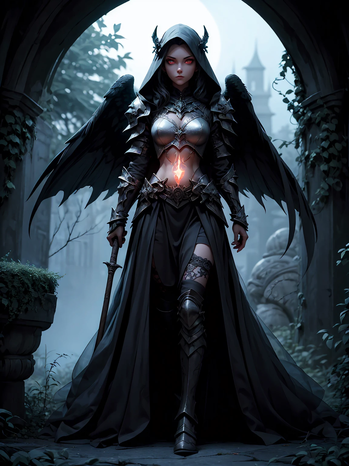 ((full body shot)) of a girl in detailed black gothic battle armor, standing in a completely dark environment. She has long white hair and glowing red eyes, with black angel wings, tattoos, and piercings. Her battle armor is intricately designed, revealing her bellybutton. She is holding a glowing orb of energy in her hands, which emits a soft, ethereal light. Surrounding her are numerous small lights in shades of {blue|purple}, casting a faint glow similar to candlelight. The only illumination comes from the orb and the particles around her. The atmosphere is {mysterious|otherworldly}, with a misty haze drifting around her feet. The ground beneath her is reflective, creating a mirrored effect that adds to the surreal ambiance. Subtle textures of ancient, worn stones and creeping vines can be seen in the background, hinting at a hidden, gothic castle. The scene is quiet and enigmatic, with her face partially obscured by the hood, her eyes focused intently on the luminous orb. She holds an intricately designed staff made of wood with metallic parts and embedded jewels. [Best quality], [Masterpiece], [Ultra-detailed], [4k], {serene|intense} atmosphere, gothic castle, {dynamic pose|relaxed pose}, complete darkness, {soft shadows|dramatic lighting}, {reflected light on the ground:0.7}, {misty haze:0.6}, {glowing plants:0.5}, {creeping vines:0.4}, {ancient stones:0.3}.
