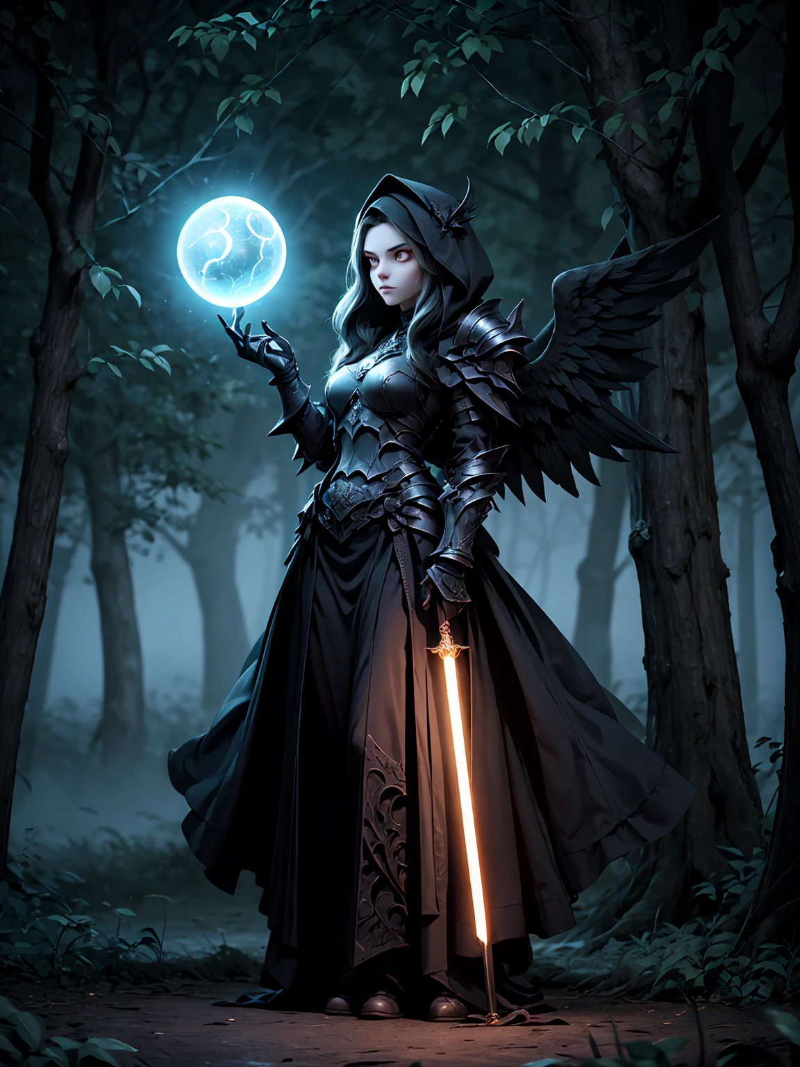((full body shot)) of a girl in detailed black gothic battle armor, standing in a completely dark environment. She has long white hair and glowing red eyes, with black angel wings, tattoos, and piercings. Her battle armor is intricately designed, revealing her bellybutton. She is holding a glowing orb of energy in her hands, which emits a soft, ethereal light. Surrounding her are numerous small lights in shades of {blue|purple}, casting a faint glow similar to candlelight. The only illumination comes from the orb and the particles around her. The atmosphere is {mysterious|otherworldly}, with a misty haze drifting around her feet. The ground beneath her is reflective, creating a mirrored effect that adds to the surreal ambiance. Subtle textures of ancient, worn stones and creeping vines can be seen in the background, hinting at a hidden, gothic castle. The scene is quiet and enigmatic, with her face partially obscured by the hood, her eyes focused intently on the luminous orb. She holds an intricately designed staff made of wood with metallic parts and embedded jewels. [Best quality], [Masterpiece], [Ultra-detailed], [4k], {serene|intense} atmosphere, gothic castle, {dynamic pose|relaxed pose}, complete darkness, {soft shadows|dramatic lighting}, {reflected light on the ground:0.7}, {misty haze:0.6}, {glowing plants:0.5}, {creeping vines:0.4}, {ancient stones:0.3}.