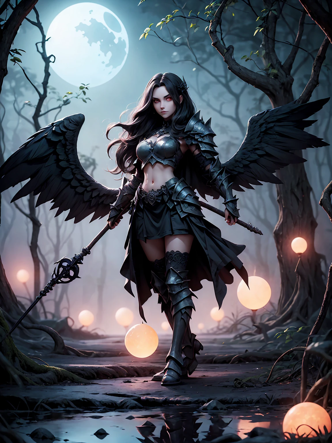 (High Detail:1.2) Anime Girl, (Best quality, Detailed), (dark and angry, graveleux:1.3, sombre:1.2), 1girl, (solo), ILLIDAN, World of Warcraft, (Demonic wings, cornes pointues:1.3, dark black skin), two blades of Azzinoth, bob hair, black hair, yellow eyes, sinistre, regard intense, background dark, Volumetric light, hyper realistic, super detailed, Dynamic pose
