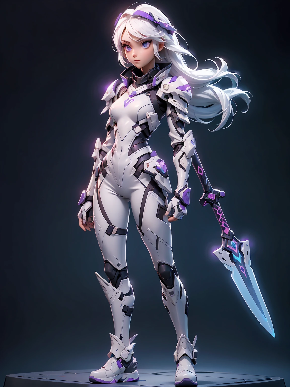 ((Best Quality)), ((Masterpiece)), ((Realistic)),((full body shot)) slender, cute girl with medium-length white hair and vibrant purple eyes. She wears a tight-fitting, sleek suit with high-tech boots and chestplates. The outfit includes matching vambraces, all in a futuristic, high-tech design. She wields a high-tech sword, adorned with glowing lights along the blade and hilt. The girl's expression is calm and focused, complementing her stylish, advanced gear.
