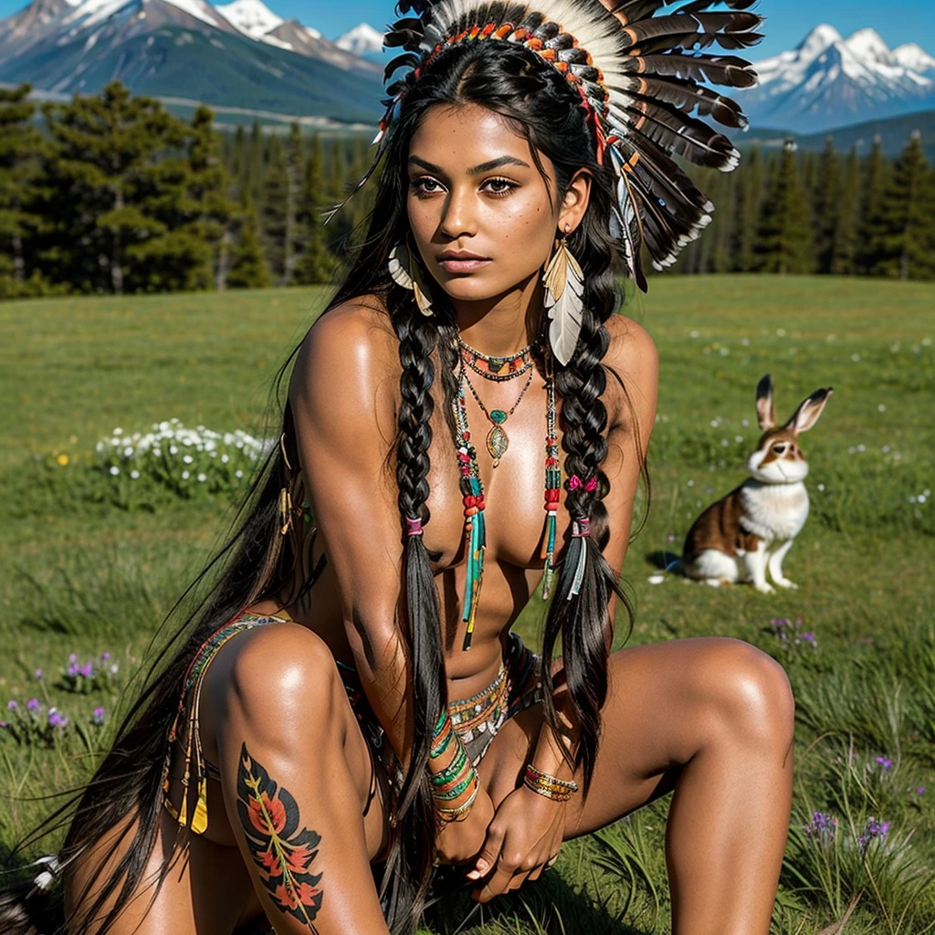 Realistic image of a beautiful Native American woman, alone, with long hair, looking at the viewer, black hair, brown eyes, jewelry, braid, earrings, dark skin, necklace, mole, dark-skinned woman, lips, tattoo, feathers, headdress, facial tattoo, Native American, sitting on the green grass, flowers and mountains with her rabbit