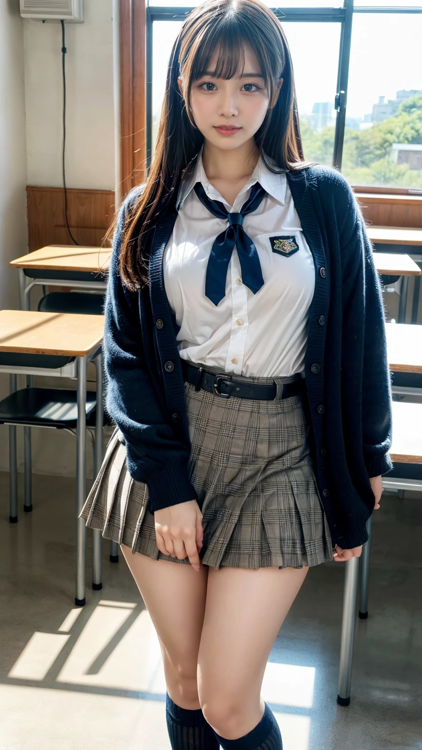 masterpiece, best quality, illustration, Super detailed, fine details, High resolution, 8K,wall paper, perfect dynamic composition,(Details High quality, realistic depiction of eyes:1.3), High School Classroom、High school girl uniform、Cardigan、Super Short Check Uniform Skirt、Navy blue high socks、garterbelts、Colossal tits、Disturbed uniform、, black hair color, Big Natural Color Lip, bold sexy pose, (perfect body shape), crying a little、Harajuku style、20 year old girl、cute type, beautiful legs, hposing Gravure Idol, Voluptuous thighs