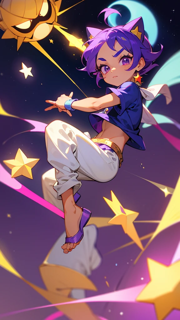 toddler, estilo chivi, with purple hair, cat hat with a star in the middle, light brown skin, purple eyes, long eyelashes, animated style, aladdin style clothing, star powers, like Sandy from Brawlstars, be anime style, let it be a boy, adorable , He looks good like a girl but he&#39;s a boy, in a pose saying "hello Carol" with a kind smile 