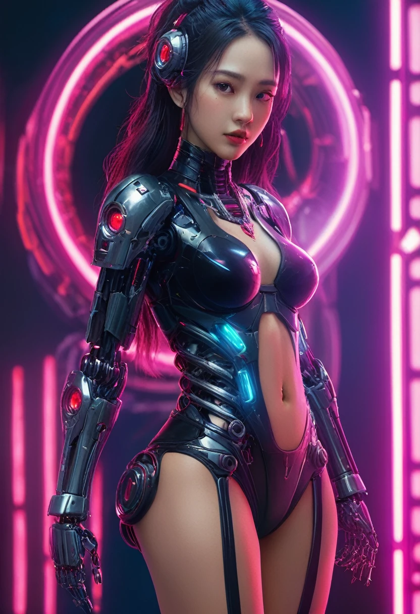 xxmixgirl. Highly detailed professional 35mm film, bokeh, face in sharp focus. A robotic female, Miku, with ((metal skin)), ((perfect Asian eyes)) with magenta irises and ((black pupils)), beautiful serious (detailed face), 18 year old ((photorealistic face)), very long magenta twin tails of magenta hair, twin black hair ties with a single red stripe. She may have a black audio headpiece. We can see her ((full body)) down to her boot soles. Her outfit is a sleeveless collared light grey shirt, outlined in red around the frilled collar and hems. Shiny reflective ((metallic breast cups, dimpleless)), invisible nipples. She wears black sleeves with red hems that start around her upper arm and bellow out as the sleeves open and extend to her wrists, with wide trumpet red rimmed cuffs. She has perfect robotic (detailed hands). She wears a red colored tie with two horizontal solid parallel black lines halfway across. She wears a fabric black skirt with a horizontal red hem at the bottom all the way around; her (((black skirt wraps around her))) and ((her skirt completely covers)) her robotic waist and thighs. Tall black boots with red bottom soles, a red rim around the top at her thighs. Her mechanical shoulder joints are visible. We can see her robotic legs and robotic neck. Half of her is covered with shiny polished machinery. The background is a distant dark neon futuristic Japanese city, gold, cyan, violet neon, near harbor or mountains.