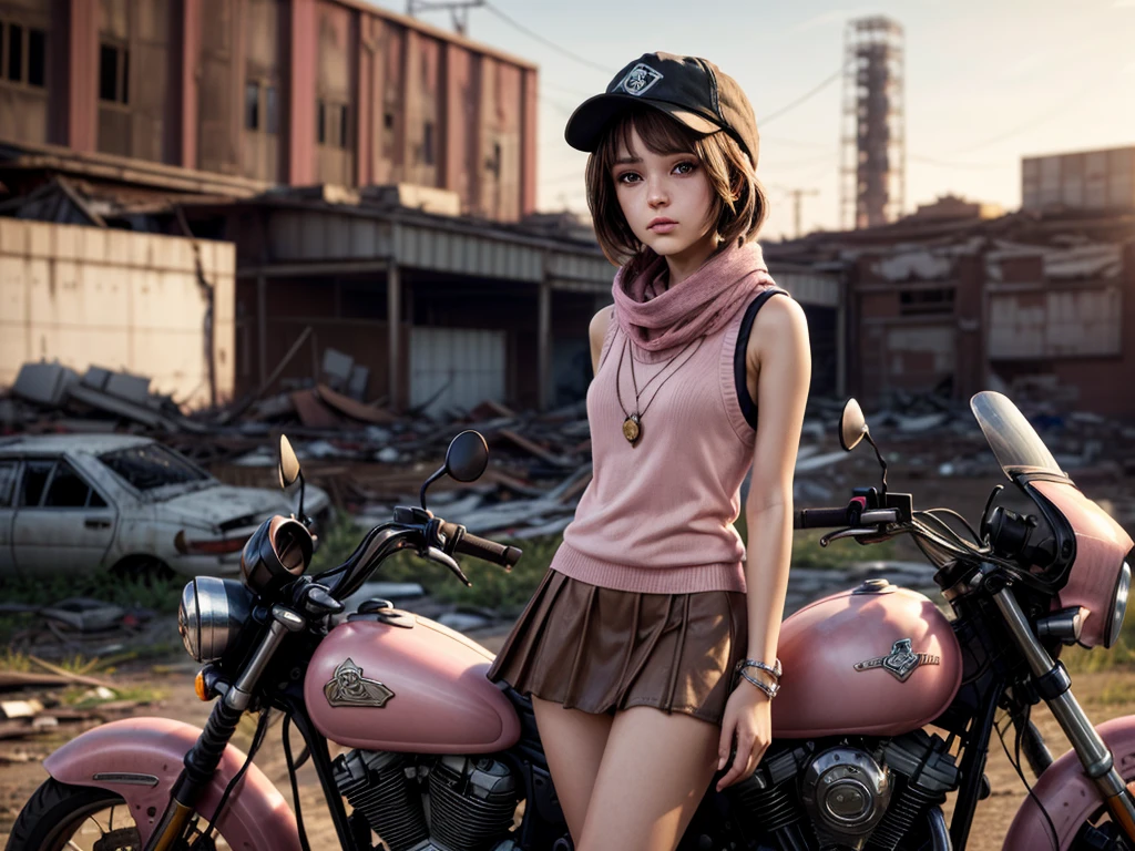 masterpiece, highest quality, (solo focus), (perfect face:1.1), (high detail:1.1), 1girl, brown hair, ((Neapolitan colored outfit)), (pink, cream, and brown clothes), large scarf, sleeveless knit sweater, short skirt, ((pink fiddler cap)), ((rifle)), detailed background, wasteland, leaning on motorcycle, abandoned factory, scrapheap, (((ashes))), cinematic lighting,
