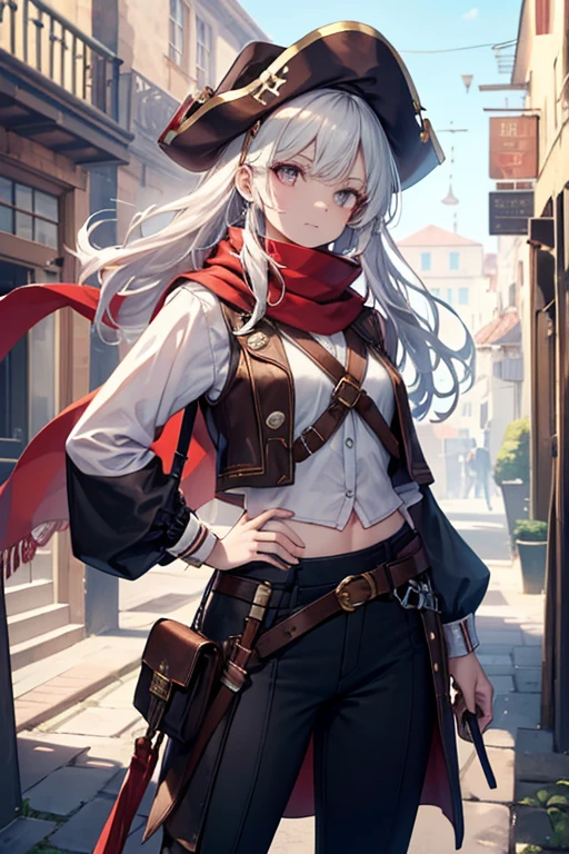 a cunning pirate from the Marinthia Archipelago, known for her charm and navigational skills, wears a white linen shirt, with wide, loose sleeves, and a dark brown leather vest, well fitted to the body, with several pockets and compartments to store her belongings. pirate utensils. Details: She wears a black belt around her waist, from which hang a variety of knives and a small pistol. Her pants are made of sturdy leather, and she wears high boots, ideal for navigation and combat. To complete the look, Ayla wears a tricorn hat adorned with colorful feathers and a red scarf tied around her neck. Her look is accentuated by slightly dark makeup and a bold look.