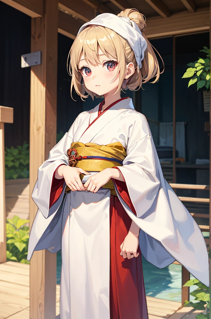 Wooden Humanoid Puppet,Wood grain body,child女に似せて作られた,wear the kimono,child,児,Small,Illustrated,((Hand out a towel)),zoom in, body is doll