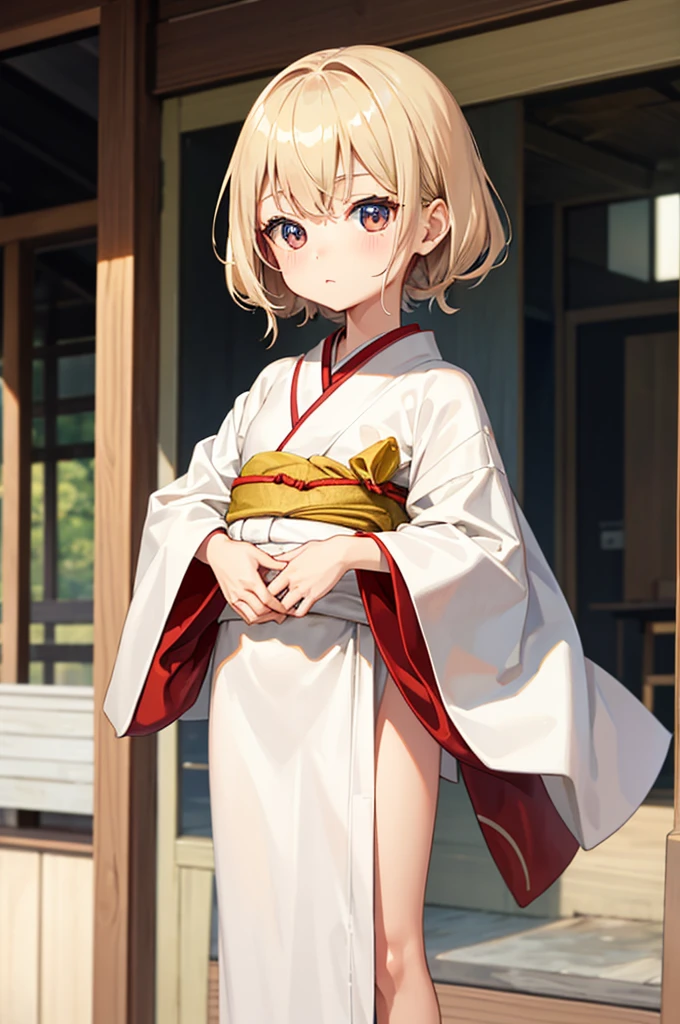Wooden Humanoid Puppet,Wood grain body,child女に似せて作られた,wear the kimono,child,児,Small,Illustrated,((Hand out a towel)),zoom in, body is doll