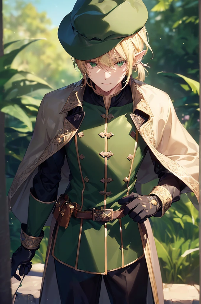 (((masterpiece; best quality: 1.2))), (finely detailed eyes: 1.3), (25 year old elf man), (solo), (green eyes: 1.4), (body; toned, fit, masculine: 1.3), (silky blonde hair in low ponytail: 1.3), (beautiful and clear background: 1.2), ((depth of field)), (equipment: adventurer garb + modest + elegant wide-brimmed hunter hat + dark overcoat + dark long cape + black pants + gloves + belt + pouches: 1.3), (anime illustration: 1.2), (background composition; royal garden: 1.1), (extremely fine and handsome: 1.1), (shot composition; standing + centered on torso + close-up: 1.5), (expression; calm, smile: 1.2)