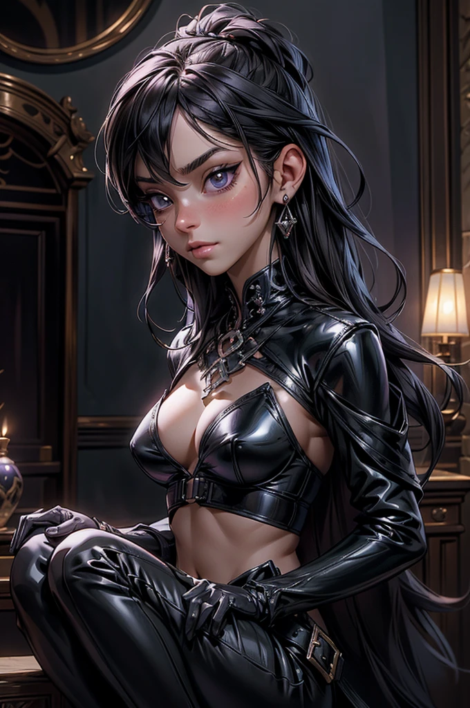 BDSM, In her right hand she is holding a BDSM whip, Inviting sexy look, Fascinating表情の詳細: 1.4): 0.4], 16K resolution, 4K resolution, (Perfect flat stomach), (Color images), break I. Outfigant, Fascinating, fitted latex corset, Tight latex pants,Camel Toe、Camel hoof in groin、 spouse, fall back, Deep neckline, A belt decorated with mystical symbols, High heel boots, Black and Silver Jewelry. Ⅱ. venue: Gothic castle, Dark and mysterious atmosphere, Dim lighting with chandeliers, A library filled with old magic books, A mirror bordered with magical motifs, Scented candles, Mysterious fog floating in the air. ⅡI. Decoration: Gothic atmosphere, Dim lighting with purple and blue lights, Sleek furniture with black and silver accents, Black velvet curtains, Mirror decorated with magical motifs, Lavender scented candles, break, View your viewers, masterpiece, Highest quality, Very detailed, desire, blush, (Beautifully detailed eye depiction), (Beautiful and elaborate face), Perfect female body, (Highest quality), (Ultra-detailed), (Masseter muscle area), (High resolution), (original), (Very detailed CG Unity 8K 壁紙