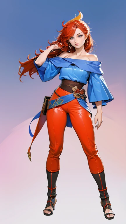 digital painting, 1girl, woman, rough digital painting, (full body:1.2), 1boy, man, masculine, solo, [:outlandish costume design,:0.2] battlemage, vivid blue (off shoulder shirt:1.3), japanese, muted red-orange hair, (muscular:1.1) build, simple background, moba character concept art, bombshell hair, copper hair, Side Swept Curls,spiked hair, thick thighs, narrow waist, chinese, (noon, blue sky, clouds, scenery, "at the Incandescent Spire":1)