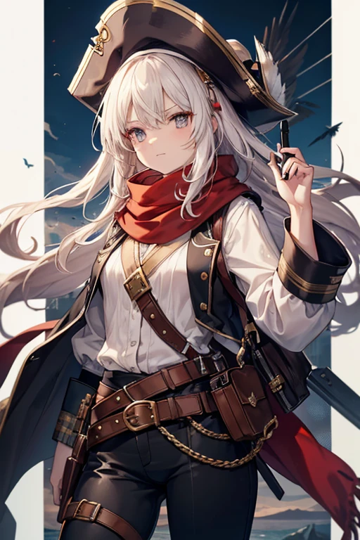 a cunning pirate from the Marinthia Archipelago, known for her charm and navigational skills, wears a white linen shirt, with wide, loose sleeves, and a dark brown leather vest, well fitted to the body, with several pockets and compartments to store her belongings. pirate utensils. Details: She wears a black belt around her waist, from which hang a variety of knives and a small pistol. Her pants are made of sturdy leather, and she wears high boots, ideal for navigation and combat. To complete the look, Ayla wears a tricorn hat adorned with colorful feathers and a red scarf tied around her neck. Her look is accentuated by slightly dark makeup and a bold look.