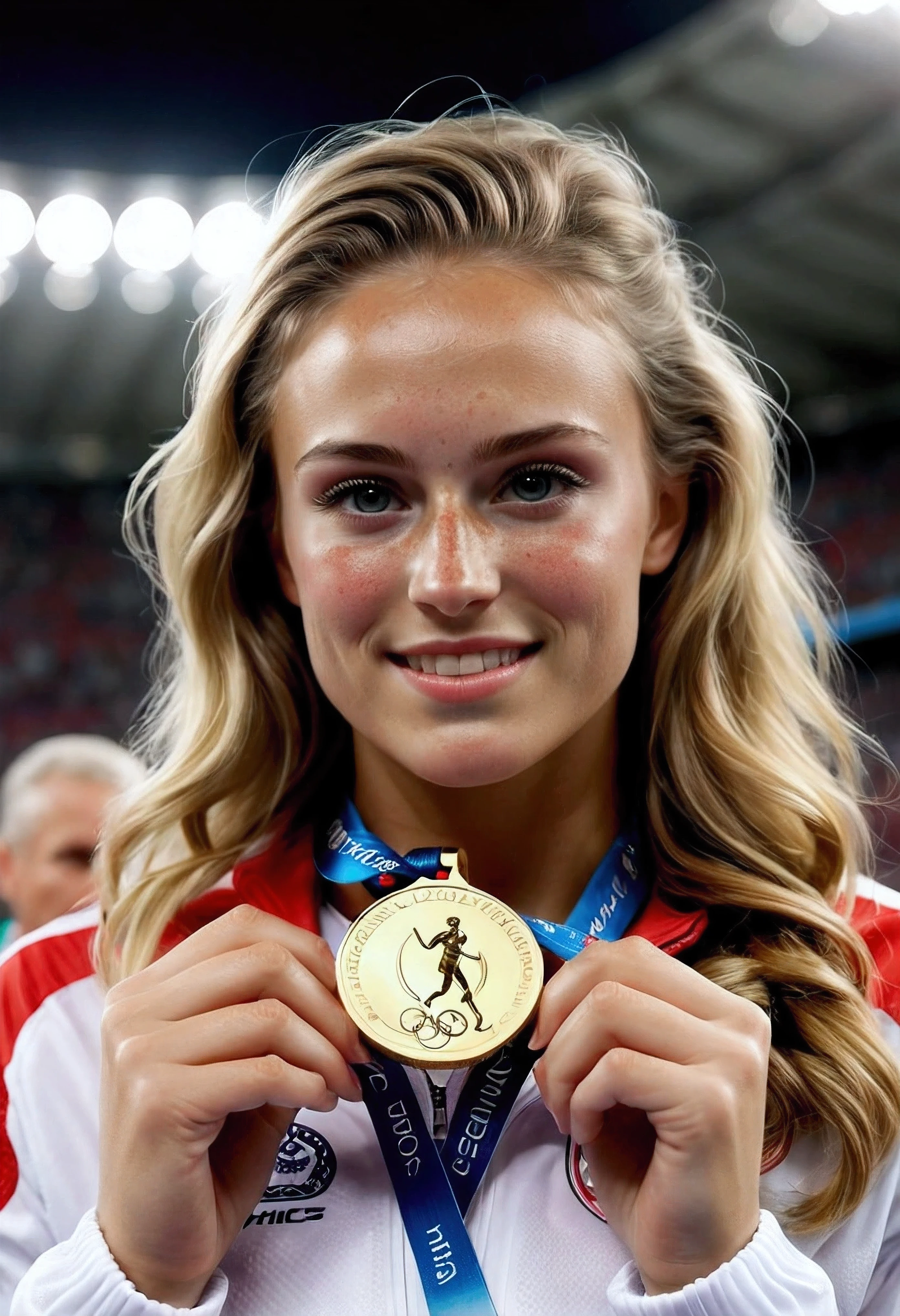 Create a high-definition image of Olympic female athletes standing on a podium, receiving medals and flower bouquets with an Olympic background aesthetic. | Visualize the athletes with supermodel beauty, all having blonde hair and cute freckles. They have expressive green eyes and joyful, proud expressions. They are dressed in their respective country’s athletic uniforms, each adorned with their national colors and symbols. Their attire is neat and professional, reflecting their dedication and hard work. | The scene is set in an Olympic stadium with a vibrant and energetic atmosphere. The background features the iconic Olympic rings, banners, and a cheering crowd. The podium is well-lit, with each step clearly marked for the gold, silver, and bronze medalists. | Capture the athletes in a celebratory pose, with medals being placed around their necks and holding their flower bouquets. Their expressions should convey a mix of joy, pride, and accomplishment. The camera angle should highlight their full bodies, showcasing the details of their uniforms and their triumphant presence. | The overall ambiance should be festive and grand, with a focus on the athletes’ achievements and the celebratory nature of the event. Ensure anatomical correctness, with detailed textures and high-quality rendering, capturing every nuance of the athletes' appearances and the Olympic setting. | Keywords: (Olympic female athletes), (supermodel beauty), (blonde hair), (cute freckles), (medal ceremony), (flower bouquets), (Olympic stadium), (celebratory pose), ((Olympic aesthethics):1.3), ((Olympic medals):1.1).