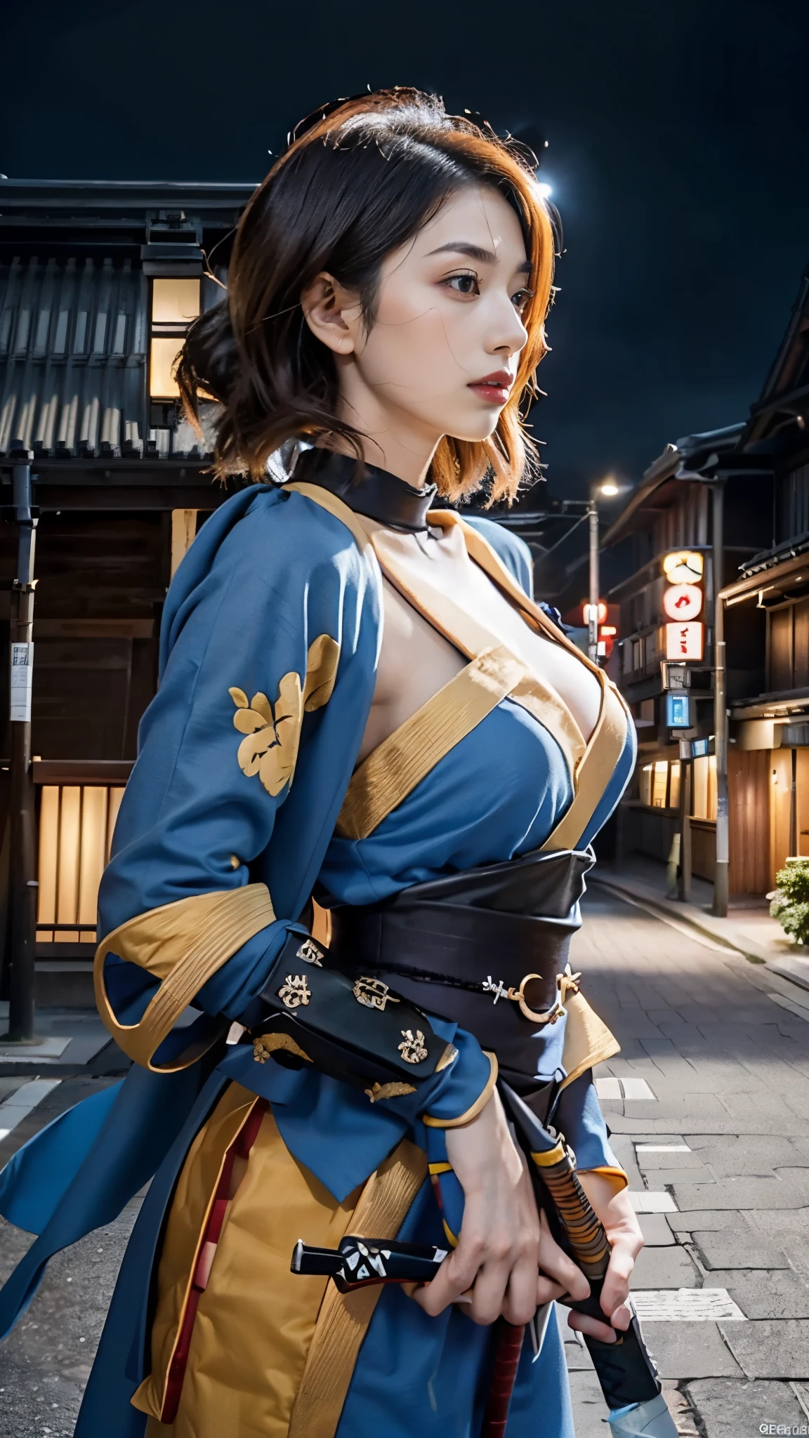 1girl,Tokyo Street,night,cityscape,facial details,city lights,half body view,big ,cleavage,8k,RAW photo,best quality,masterpiece,realistic,photo-realistic,best quality,masterpiece,very high resolution  , (photorealistic:1.3 ), 8K, raw photo, 1girl, ninja armor, outdoors, old Japanese town, from below, (holding katana:1.2), katana, ninja girl, natural skin texture, samurai, skin pores  , natural skin texture, dynamic pose, film grain, 