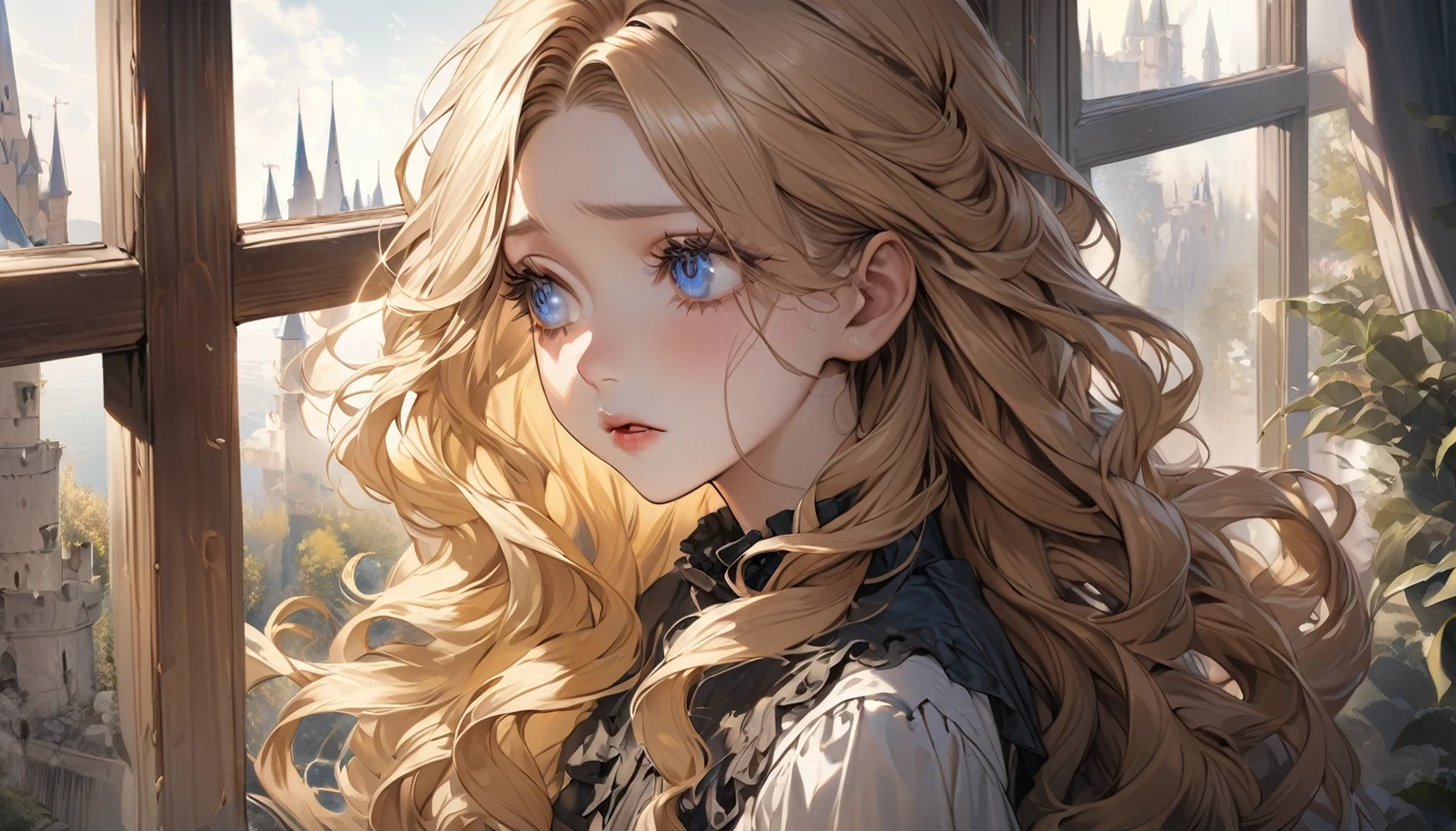 master piece, ultra detailed, hyper realistic, A female servant stares out of a window at a castle in the distance, 20yo, Ragged and shabby servant dress, covered in soot, shedding tears and reflecting a deep sadness, wavy hair, yellow hair, silky hair, blue eyes, long eyelashes, yellow eyebrows, pale skin, Fairy Tale World Feel, large window, looking away, 