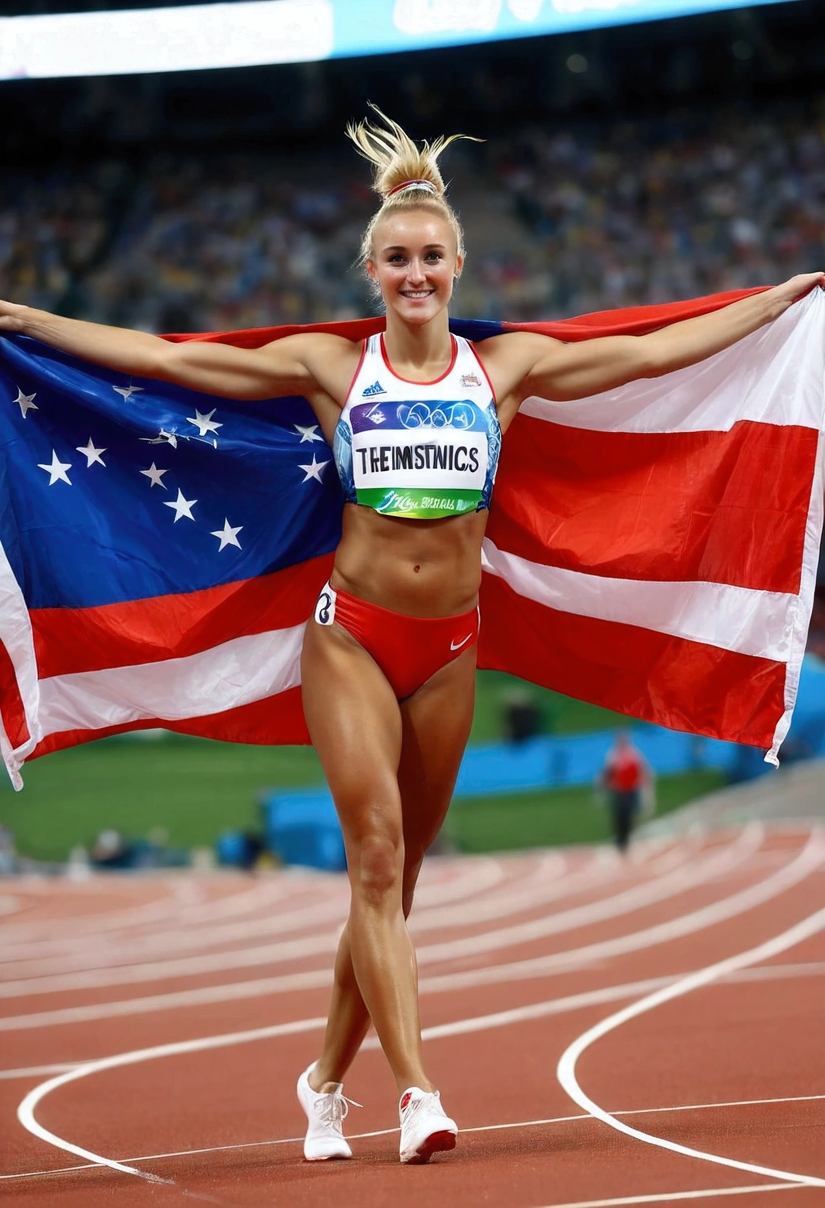 Create a high-definition image of Olympic female athletes standing on a podium, receiving medals and flower bouquets with an Olympic background aesthetic. | Visualize the athletes with supermodel beauty, all having blonde hair and cute freckles. They have expressive green eyes and joyful, proud expressions. They are dressed in their respective country’s athletic uniforms, each adorned with their national colors and symbols. Their attire is neat and professional, reflecting their dedication and hard work. | The scene is set in an Olympic stadium with a vibrant and energetic atmosphere. The background features the iconic Olympic rings, banners, and a cheering crowd. The podium is well-lit, with each step clearly marked for the gold, silver, and bronze medalists. | Capture the athletes in a celebratory pose, with medals being placed around their necks and holding their flower bouquets. Their expressions should convey a mix of joy, pride, and accomplishment. The camera angle should highlight their full bodies, showcasing the details of their uniforms and their triumphant presence. | The overall ambiance should be festive and grand, with a focus on the athletes’ achievements and the celebratory nature of the event. Ensure anatomical correctness, with detailed textures and high-quality rendering, capturing every nuance of the athletes' appearances and the Olympic setting. | Keywords: (Olympic female athletes), (supermodel beauty), (blonde hair), (cute freckles), (medal ceremony), (flower bouquets), (Olympic stadium), (celebratory pose), ((Olympic aesthethics):1.3), ((Olympic medals):1.1).