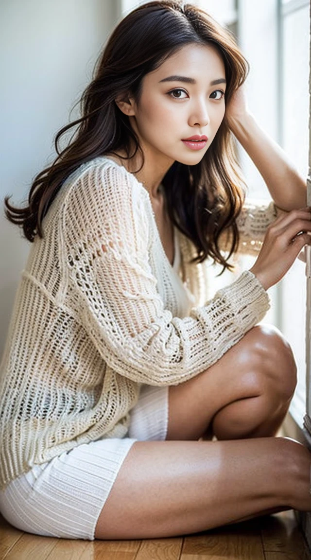 Dark brown hair、Light brown eyes、Japanese actress、 Lady、I am about 40 years old..、(Intricate details:1.2)、(Which one is on top??:1.4)、 (Ultra-high resolution:1.2)、Ultra-high resolution、(Fine-tune)、(Detailed facial features)、Hmph、8k解像度、D cup size breasts、Long Hair、Large windows、Extravagant space、relax、、,Full body photo、Head to toe shot、Beautiful legs、Camisole dress、Beautiful legs、A refreshing room filled with sunlight、she, household items, (plant:0.8), Fashion Hub, Extreme Detail, Very detailed, Realistic, Hourglass-shaped body, Obscene pose,、、私 cry a lot、tears、person on the left、White wall、White floor、diagonally from below、Please lift your chin、テーブルの上にsit、relaxした表情、Pose of Weakness、(auraroid photo:1.2)、From outside the window、Transparent Painting、8k、32K、Highest quality、(Details of both eyes)、1 girl、elegant、(Loose openwork knit :1.4)、sunset、sit、(Low Angle、From what angle do you see this?:1.2)、Hilarious、Leaning against a wall、She tilts her body to one side to reveal her cleavage.、