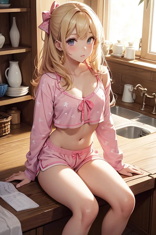 (Masterpiece, top quality, absolute resolution, real stick, realistic materials and textures, perfect anatomy), BREAK Subject: Photo girl Subtitle:  girls, thighs, small, cute, pinkcotton pajama shorts , pink crop top ,  BREAK ribbon,star item, small window, (Miscellaneous goods are placed in a mess:1.3),dresser, antimacassar , busty, blond hair, topless, sitting on counter in kitchen