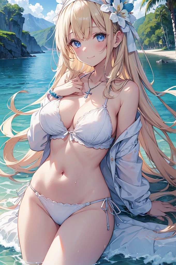 ((girl kawaii)), a extremely delicate and beautiful girl, beautifully painted, cute, sense of digital, best detailed girl, lying on the lake, wet, girl, young, long hair blown up, Hair with flower, (blond hair), cute face, (smile), complex details beautiful and delicate eyes, closed mouth, (large breasts), thighs, (pale blue eyes), (white skin), hairband, cross necklace, Bracelet, (white bikini), cardigan, white Clothes, (beach),( beautiful blue sky and white clouds), bloom effect, (((wallpaper 8k CG))), ((absurdres)), masterpiece