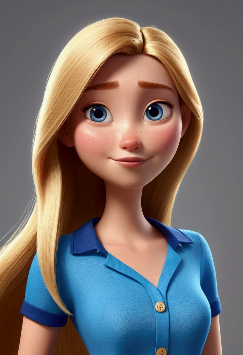 cartoon character of a blonde woman long straight hair green eye with blue blouse pants little blue puffy sleeves, earringless animation character, stylized character, animation style rendering, 3d stylized, Arnold Maya rendering, Stylized 3D rendering, toon render screenshot, 3d character, 3d character, Stylized 3D rendering, 3D character rendering, cartoon character, Personagem de close up, character posing