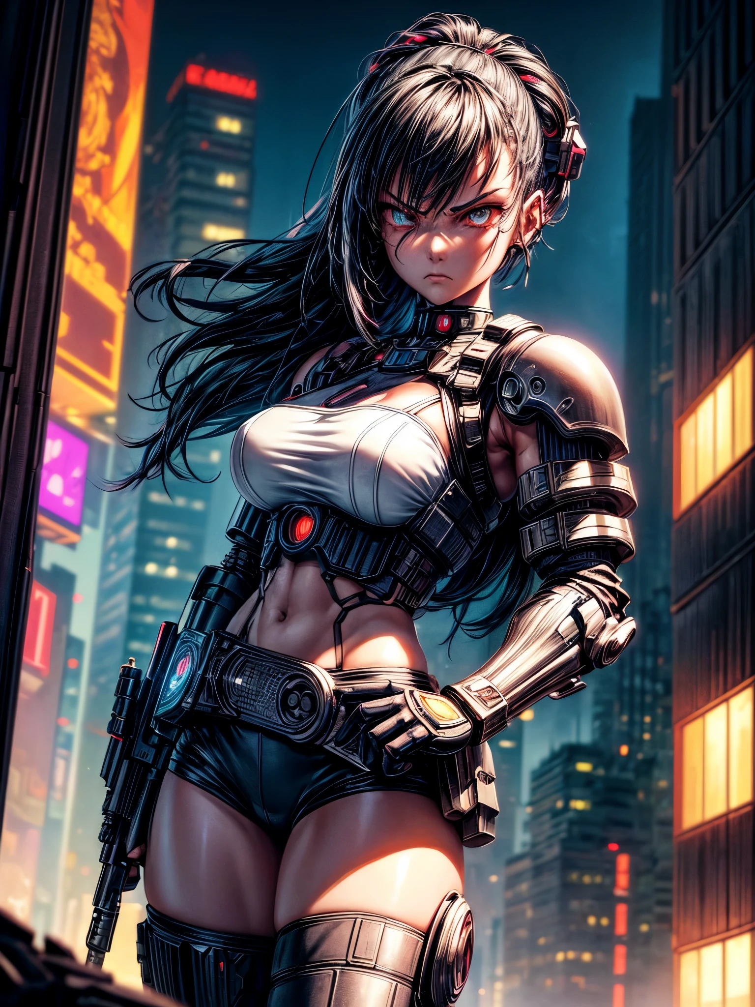 1 Garota ciborgue estilo ciberpunk em pose de combate holding a gun gigante estilo canhão apontando a arma para o espectador, swimsuit style clothes, belt, wearing headphones with cat ears, Eyes red, face with angry expression, light skin short black hair, background abandoned city wearing collar, neckleace, mitts, leather textured clothing with cybernetic details, holding a gun, musclegirl, thick-thighs, Bionic arms