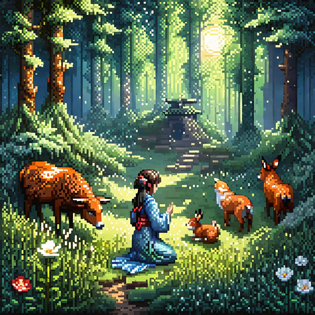 A shrine maiden praying in the middle of a moonlit flower field in the forest in a pixel art style, detailed , best quality, masterpiece, ultra intricate detailed, high detailsone Surrounded by forest animals