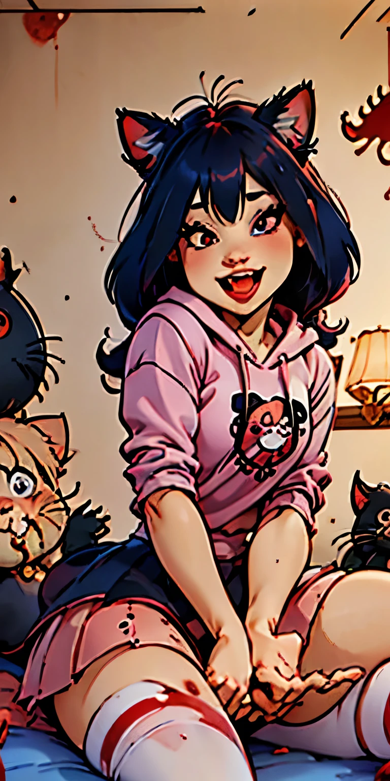 ((1girl, junkotvv, cabello negro, orejas de gato, ojos rojos)), medium blue and pink hair, red eyes, heart eyes, wearing pink hoodie, wearing gray skirt, bedroom, absurdres, high res, ultrasharp, 8K, masterpiece, looking at viewer, bloody knife, crazy in love, crazy smile, blood on face, laughing hysterically, blood on dress, yandere, psycho