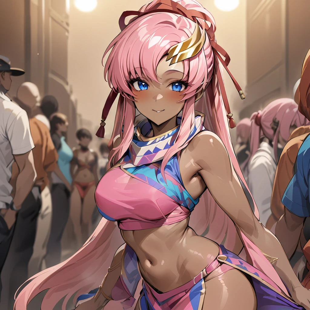 ((Highest quality)), ((masterpiece)), (detailed), （Perfect Face）、The woman is Lacus Clyne, a brown-skinned woman with blue eyes, medium-long pink hair, a hair ornament, and is a native African tribeswoman wearing the tribal clothing of the Xuanshun people.