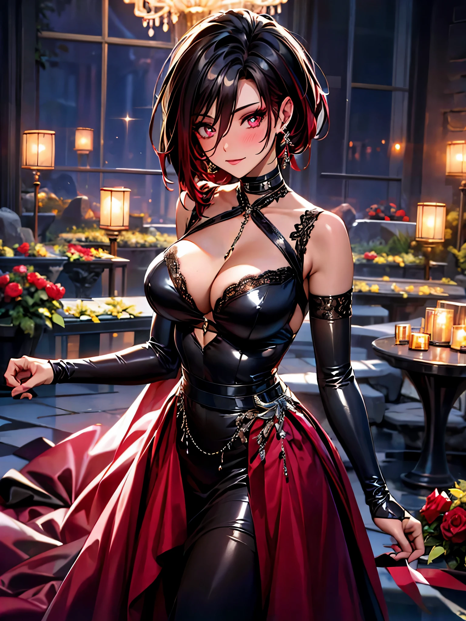 mature woman, 1 girl, alone, solo (masterpiece, best quality, very detailed), sharp focus, detailed face, face focus, focus on face, very detailed eyes, long black cyclamen hair, (cyclamen highlights: 1, 3), side bottom braid, cyclamen red eyes, (sparkling eyes: 1,2), long eyelashes, (strong blush: 1,2), delicate makeup, ((ball lace dress, long skirt, lace, elegant)), Crusader earrings, ear piercing, cinematic lighting, edge lightning, shading, dynamic angle, sharp image, perfect quality, perfectly crafted background, beautiful warm lights, sexy, ballroom, castle, dancing in ballroom, Crystal chandelier, close-up, portrait, solo, flowes