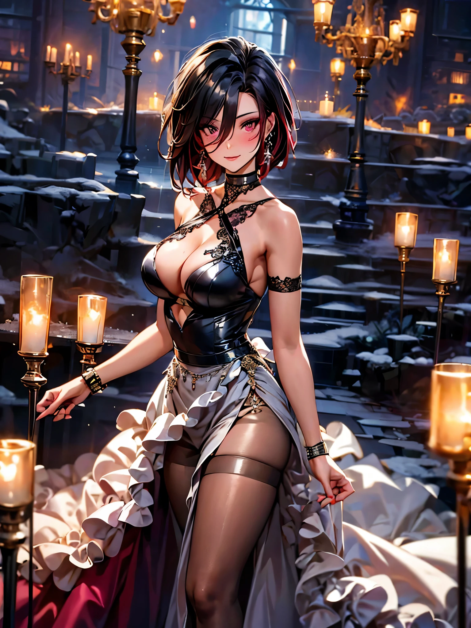 mature woman, 1 girl, alone, solo (masterpiece, best quality, very detailed), sharp focus, detailed face, face focus, focus on face, very detailed eyes, long black cyclamen hair, (cyclamen highlights: 1, 3), side bottom braid, cyclamen red eyes, (sparkling eyes: 1,2), long eyelashes, (strong blush: 1,2), delicate makeup, ((ball lace dress, long skirt, lace, elegant)), Crusader earrings, ear piercing, cinematic lighting, edge lightning, shading, dynamic angle, sharp image, perfect quality, perfectly crafted background, beautiful warm lights, sexy, ballroom, castle, dancing in ballroom, Crystal chandelier, close-up, portrait, solo, flowes