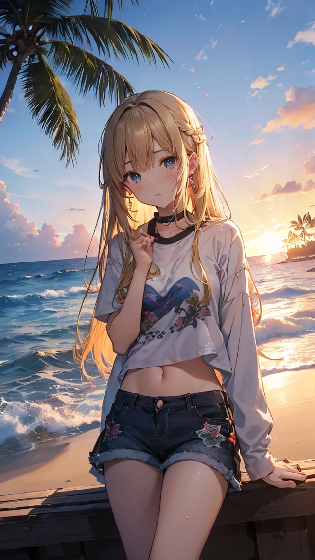 最high quality、Best image quality、masterpiece、Teenage Girl((18-year-old、 By becoming、Best Bust、Medium Bust,Drink tea with your chest held high、black eye, Blonde、Habitual hairstyle、Long Hair、thin,Highest valley、Blue shorts、Attractive face、Heart Tattoo、Black Aloha Shirt、sweating、like、Sleeping on the ground、Hair blowing in the wind)),high quality、Beautiful art、background((Hawaii、Waikiki、Palm tree、Beach、sunset))flying debris、Written boundary depth、movie、Visual Arts、Perfect art、8k,Genuine