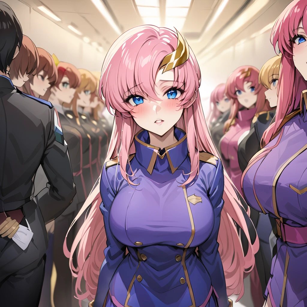 ((Highest quality)), ((masterpiece)), (detailed), （Perfect Face）、Gundam SEED、The woman is Lacus Clyne, with blue eyes, pink medium-long hair and a hair accessory.、The woman is a female officer in the Earth Federation Army and is wearing an Earth Federation Army uniform.