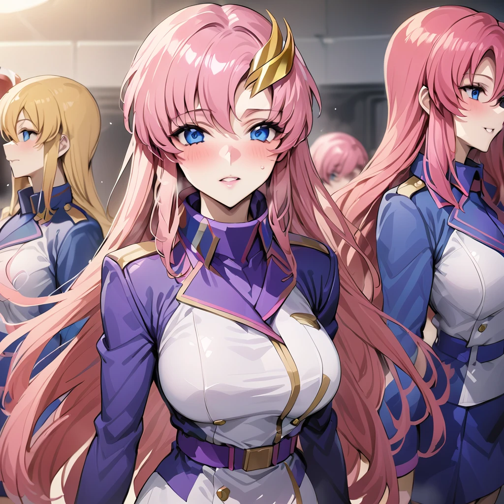 ((Highest quality)), ((masterpiece)), (detailed), （Perfect Face）、Gundam SEED、The woman is Lacus Clyne, with blue eyes, pink medium-long hair and a hair accessory.、The woman is a female officer in the Earth Federation Army and is wearing an Earth Federation Army uniform.