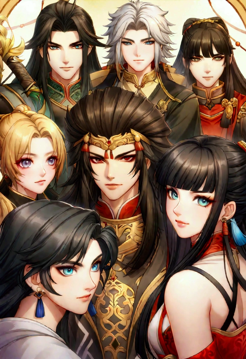 a close up of a group of people standing next to each other, game cg, xianxia fantasy, chinese fantasy, full body wuxia, chinese mmorpg, xianxia hero, korean mmo, wuxia, dynasty warriors, g liulian art style, mmorpg, by Ren Renfa, inspired by Pu Hua, mmorpg fantasy