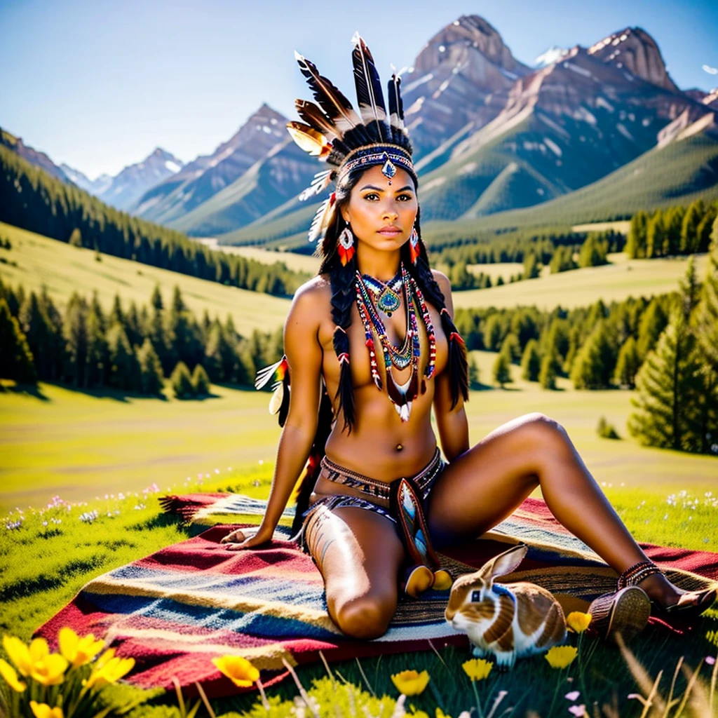 Realistic image of a beautiful Native American woman, alone, with long hair, looking at the viewer, black hair, brown eyes, jewelry, braid, earrings, dark skin, necklace, mole, dark-skinned woman, lips, tattoo, feathers, headdress, facial tattoo, Native American, sitting on the green grass, flowers and mountains with her rabbit