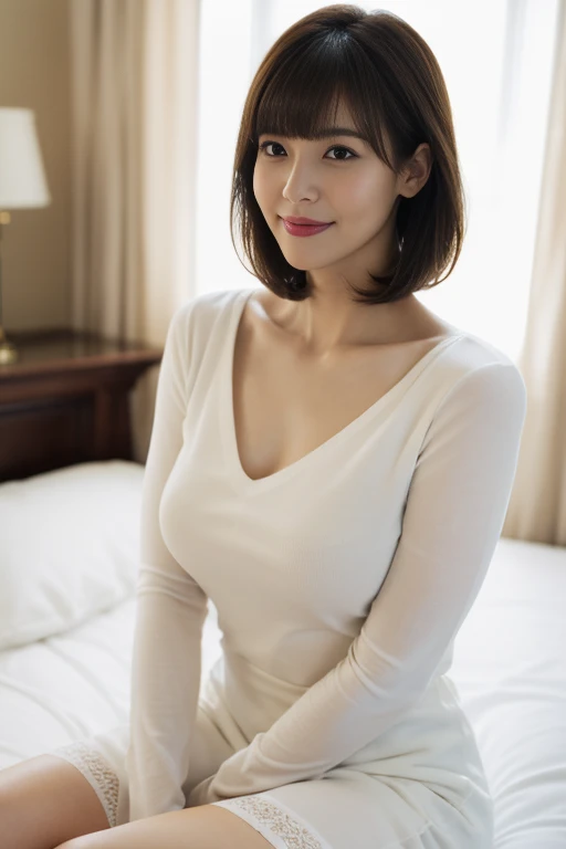 Photorealistic、Highest quality、 High resolution、8k、Surreal、Very delicate、Perfect dynamic composition、 Realistic skin feel、 One woman、whole body、Beautiful woman、 Beautiful attention to detail、 double eyelid、 Deeply carved features、High nose、 (white V-neck knit、)(black stockings、) Big and ample breasts、Beautiful valley、 plump pelvis、Slim waist、 Adult Beauty、 (Sexy woman in her 30s)、 Classy atmosphere、(Brown straight short hair、bangs、)Sexy look、(smile0.5)、Gazing at the audience、 (Hotel Bedroom、 )Dark Room、Light stand light、