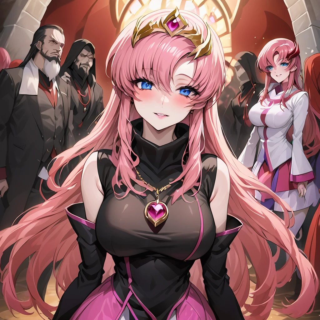 ((Highest quality)), ((masterpiece)), (detailed), (Perfect Face)、The beautiful and seductive woman is Lacus Clyne, the wife of the leader of the evil god cult, the saint of darkness, and has blue eyes, pink hair, medium-long hair, and a gorgeous and delicately detailed masochism.々An evil shrine maiden wearing a beautiful black evil shrine maiden outfit, an evil shrine maiden necklace, evil accessories, a gorgeous evil shrine maiden head chain tiara, and an engagement ring.、The woman is the wife of a middle-aged, bearded cult leader who is revered by a mysterious cult of evil gods.、A loving couple is worshipped by a mysterious cult leader dressed in the luxurious clothing of a cult leader of an evil god, and is loved and caressed all over the body by the cult leader at the altar of the cult of an evil god.